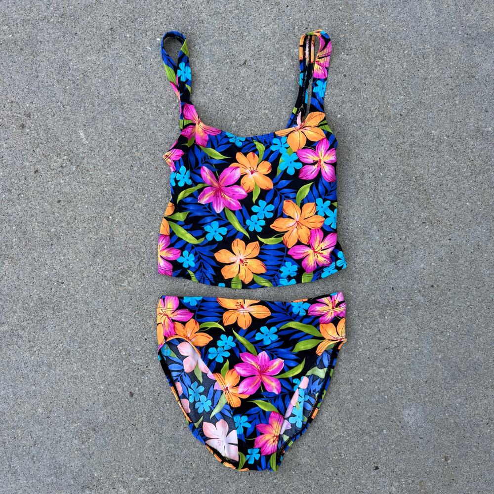 VTG 90s Catalina neon hibiscus tropical floral high rise tankini bikini S/M